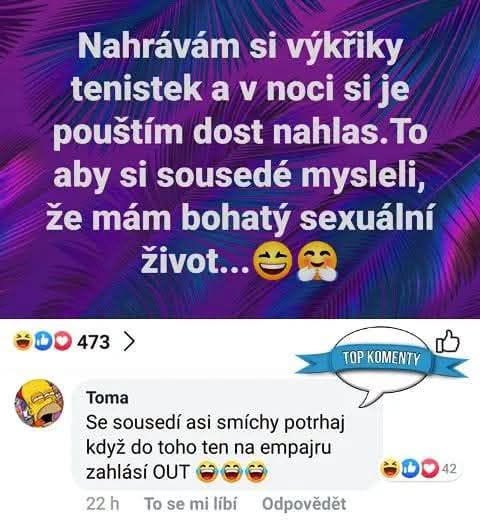 Vtipný text o predstieraní hlučného sexuálneho života kvôli susedom s komentárom o smiešnej reakcii na tenisové výkriky.