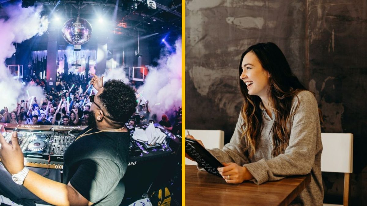 DJ na párty s množstvom svetiel a ženy baví rozhovor v kaviarni.