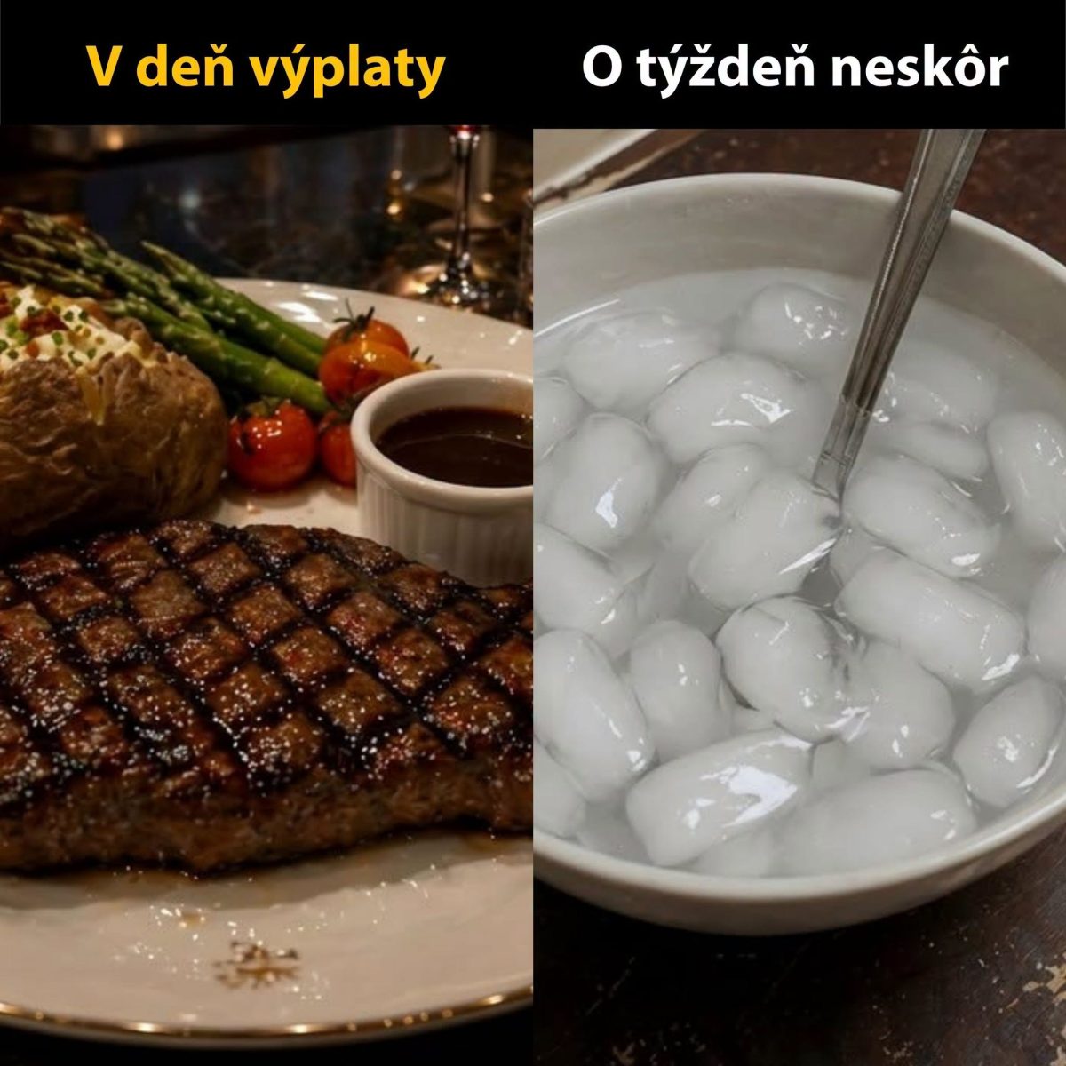 Kontrast: Štavnatý steak s prílohou na výplatu, miska s ľadom týždeň po nej. Humorné zobrazenie finančných výkyvov.