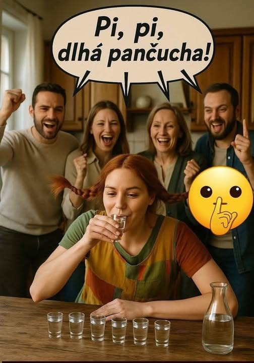 Skupina ľudí fandí žene pijúcej zo sklenice, zatiaľ čo okolo panuje veselá atmosféra v kuchyni.