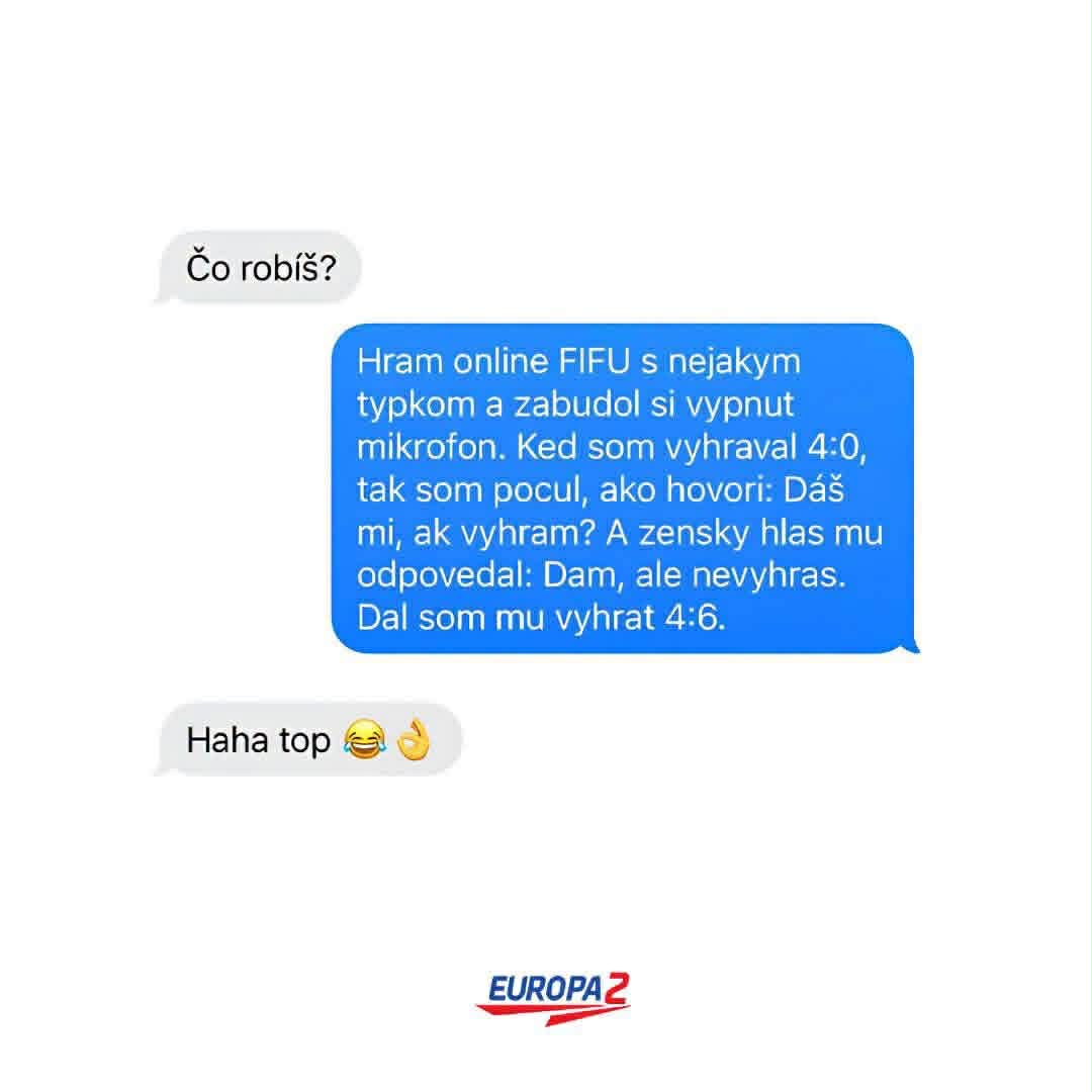 Textová konverzácia o vtipnom zážitku z hrania online FIFA, kde hráč nechal protivníka vyhrať.