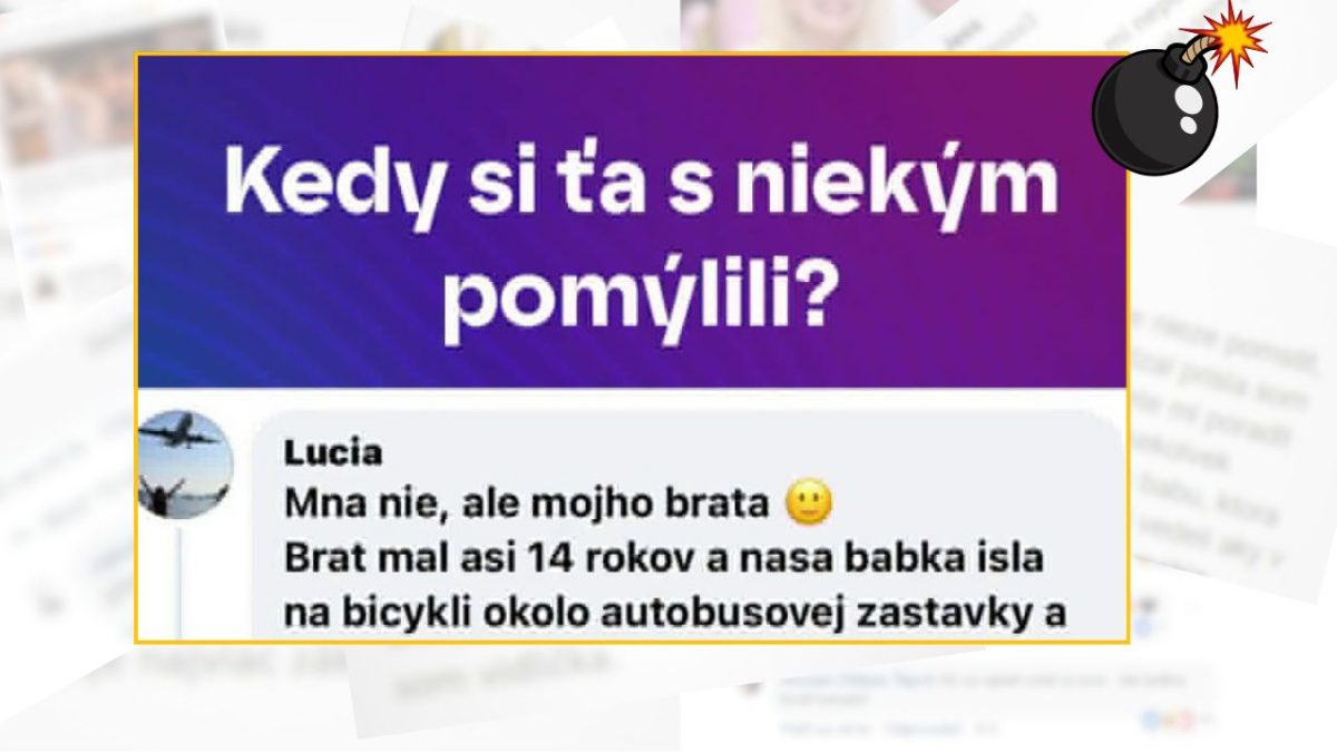 Text na obrázku o vtipnej zámene pri autobusovej zastávke so starou mamou a bratom.