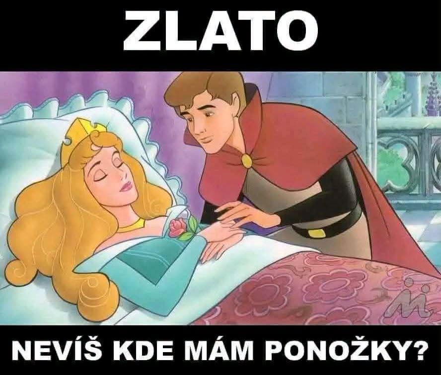 Princ prebudzuje spiacu princeznú so žartovným textom: Zlato, nevíš kde mám ponožky? na obrázku.