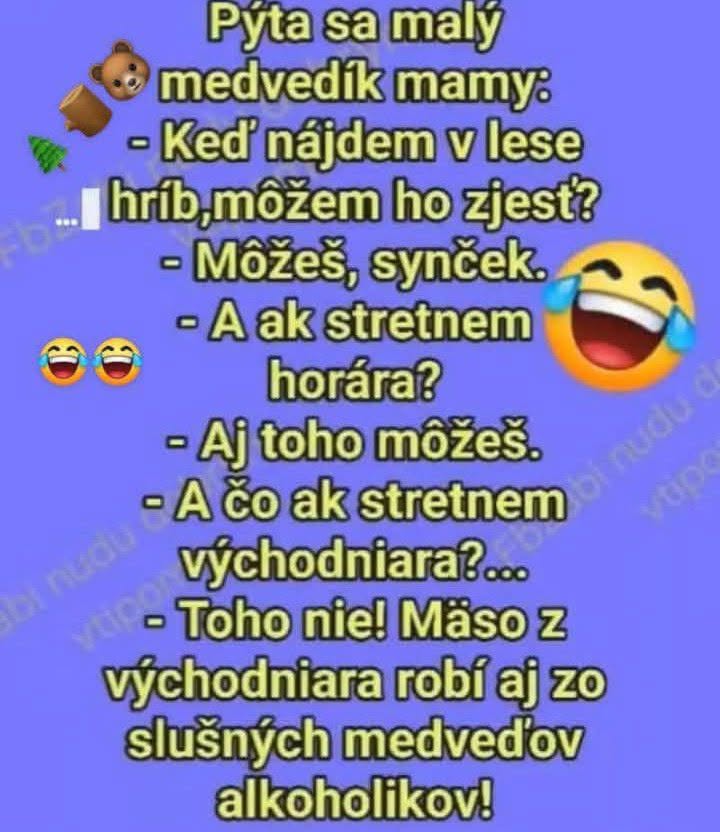 Vtip s medvedíkom: Môže zjesť hríb, horárov, ale nie východniara. Alkoholický humor a emodži smiechu.