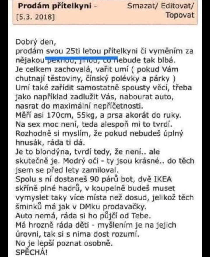 Vtipný inzerát na predaj priateľky s humornými opismi a podmienkami výmeny.