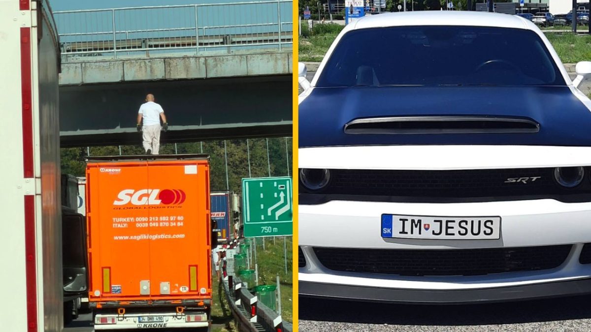 Vodič na kamióne pod mostom a auto s poznávacou značkou IM JESUS na parkovisku.
