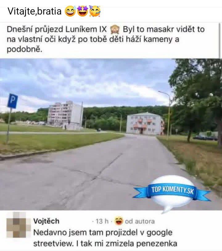 Pohľad na sídlisko s vtipným komentárom o nepríjemných skúsenostiach s miestnymi deťmi a krádežou peňaženky.
