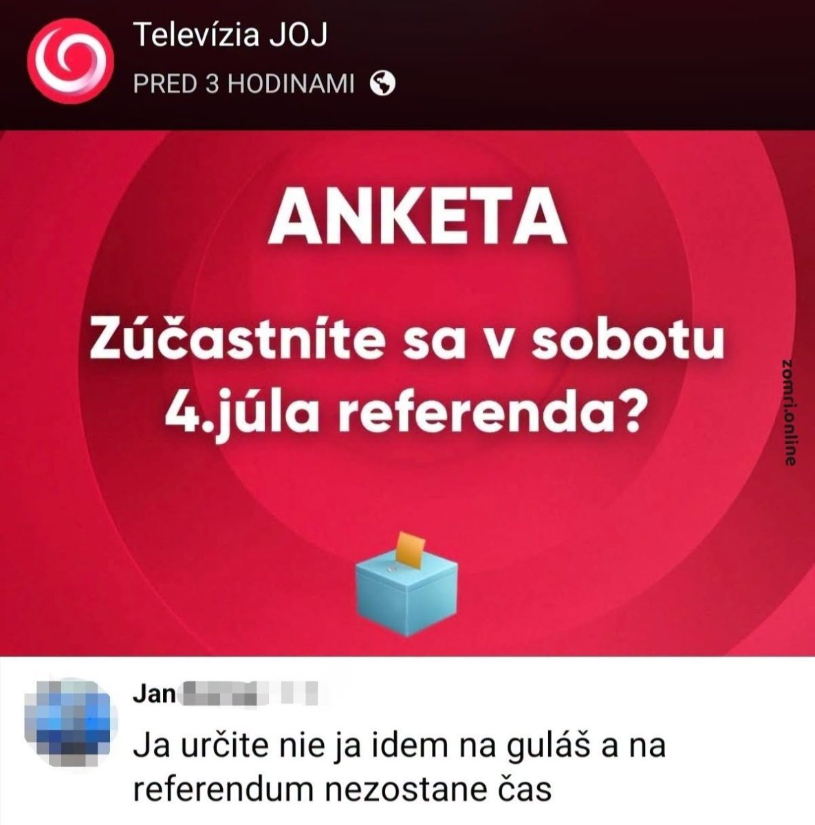 Anketa o účasti na referende 4. júla, diskusia o plánoch na sobotu, vrátane guláša ako časovej priority.