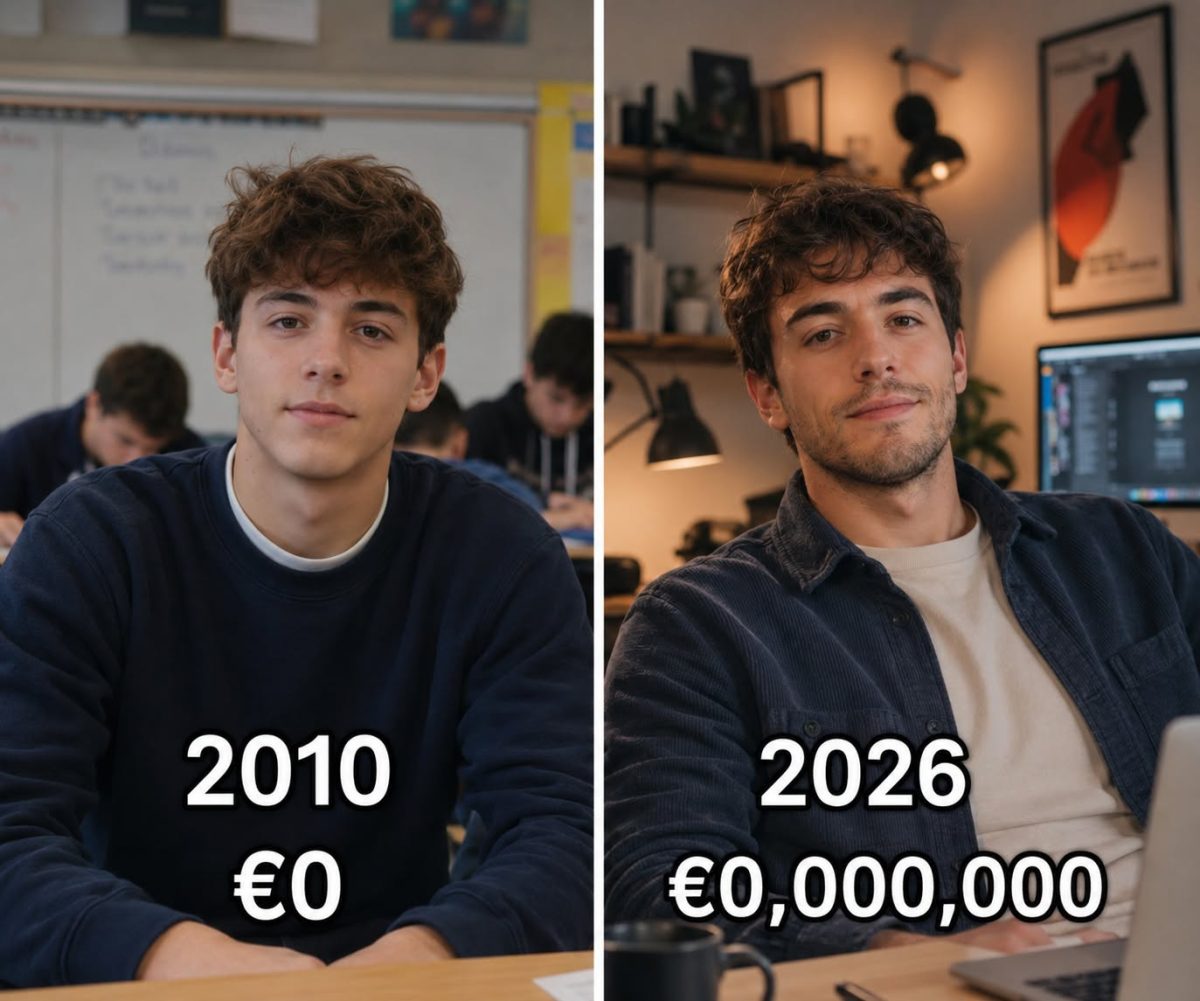 Mladý muž v škole 2010, dospelý úspešný muž pri počítači 2026, symbol transformácie a úspechu.