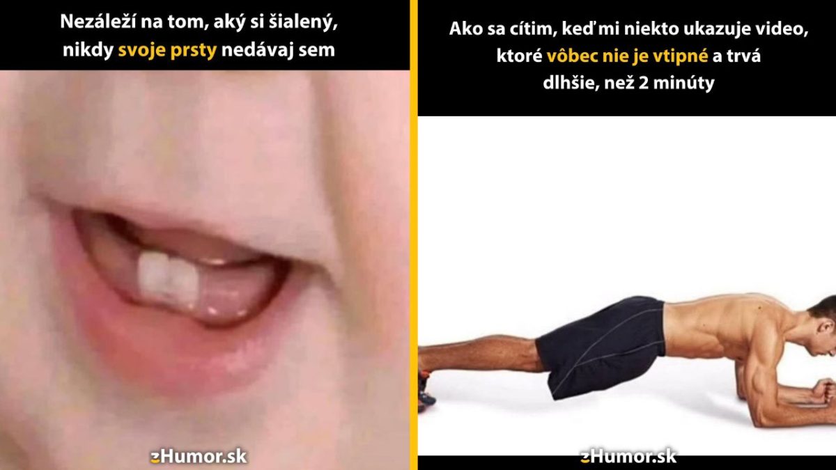 Dve humoristické koláže: jedna ukazuje ústa s vtípkovou poznámkou, druhá muža v plank pozícii s ironickým textom.