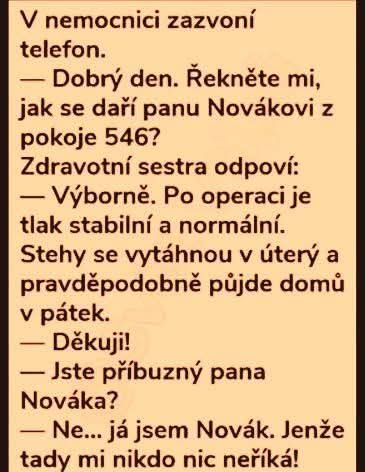 Nemocničný telefonát odhalí chybu identity pacienta pri dotaze na pána Nováka z pokoje 546.