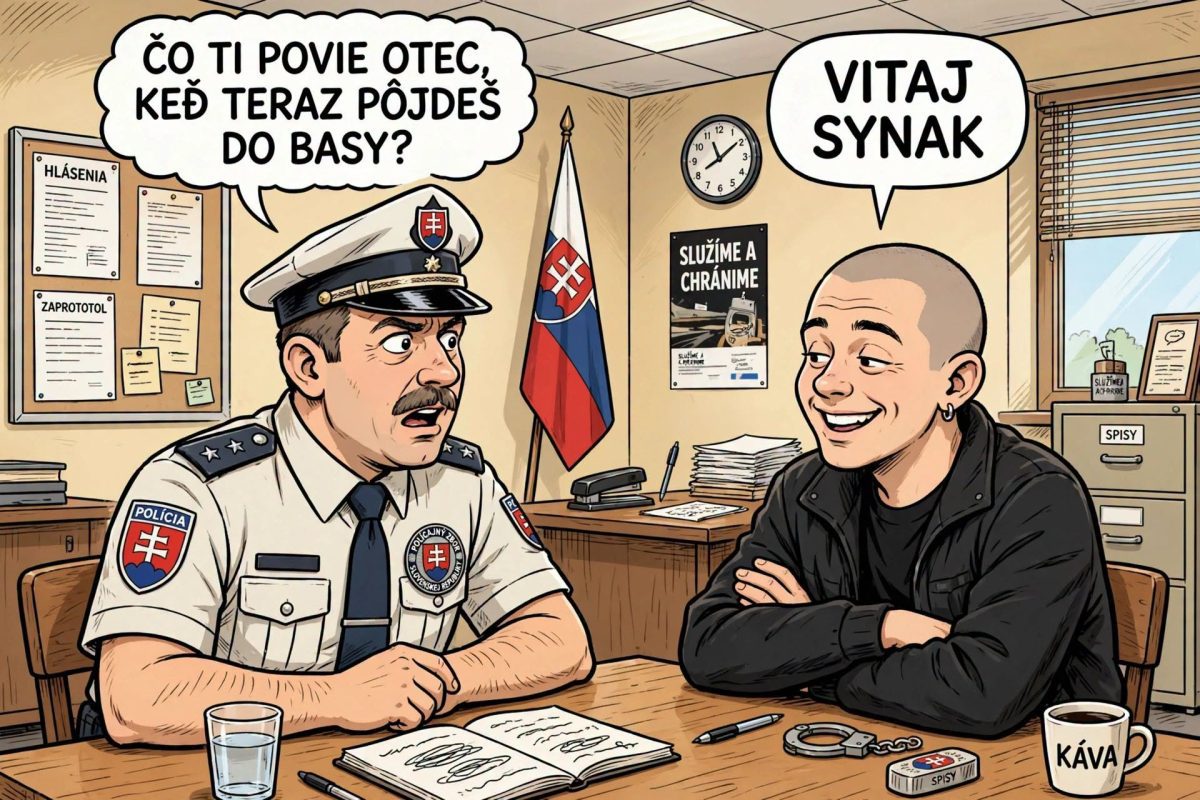 Policajt prekvapuje mladého muža v kancelárii, humorný rozhovor o otcovskej podpore aj vo väzení.