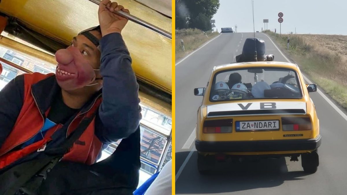 Cestovanie v retro aute s maskou na tvári poskytuje zábavnú a nezvyčajnú jazdú skúsenosť na vidieckej ceste.