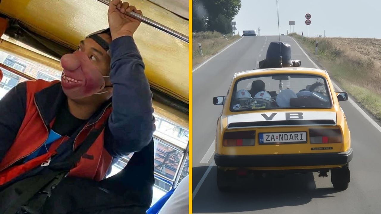 Cestovanie v retro aute s maskou na tvári poskytuje zábavnú a nezvyčajnú jazdú skúsenosť na vidieckej ceste.