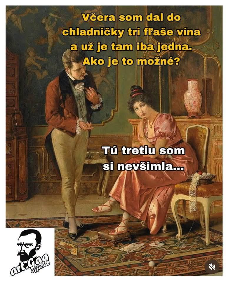 Pár v historických šatách diskutuje o zmiznutej fľaši vína; vtipný dialóg na starom obraze.
