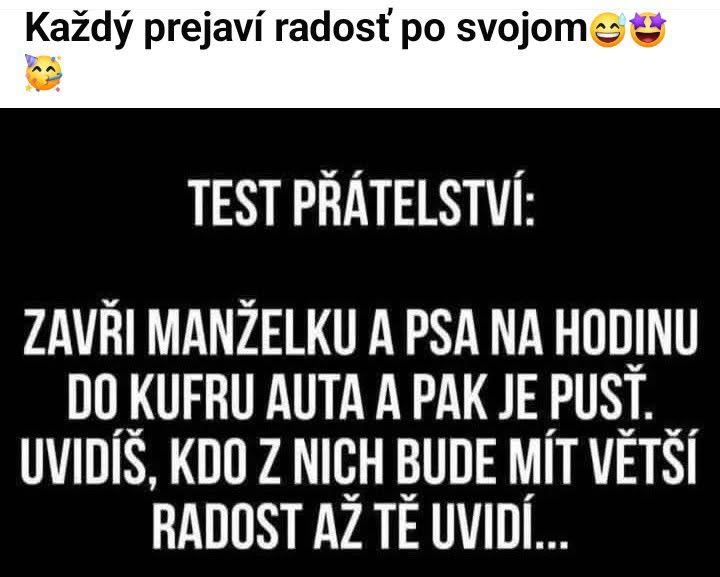 Nápis s humorom o testovaní priateľstva zatvorením manželky a psa do kufra auta. Kto bude šťastnejší?