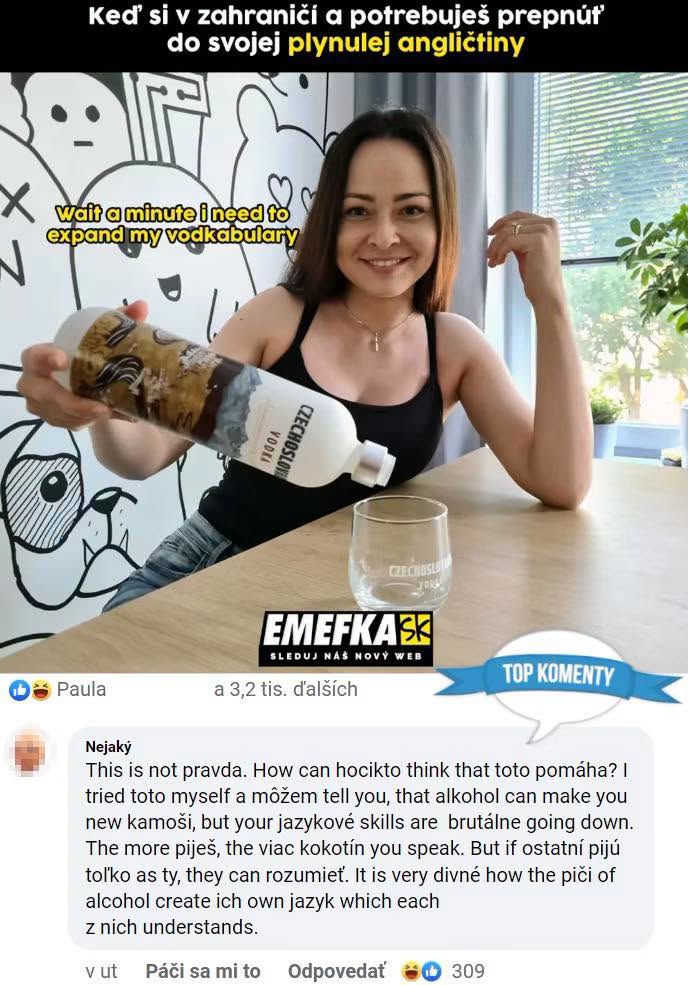 Žena s úsmevom nalieva vodku do pohára, text vtipkuje o zlepšovaní angličtiny alkoholom.