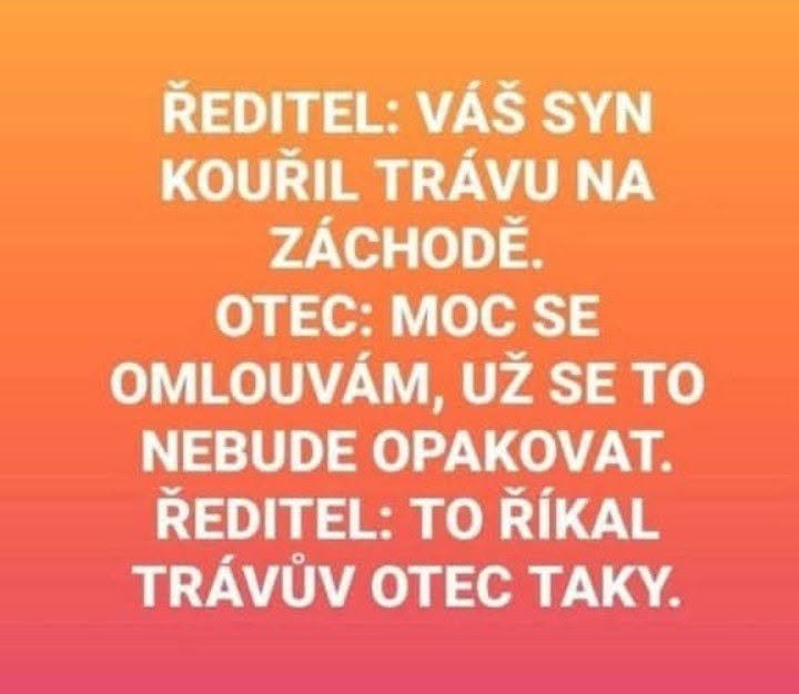Riaditeľ a otec diskutujú o synovi fajčiacom trávu. Otec ospravedlňuje, riaditeľ reaguje vtipnou poznámkou.
