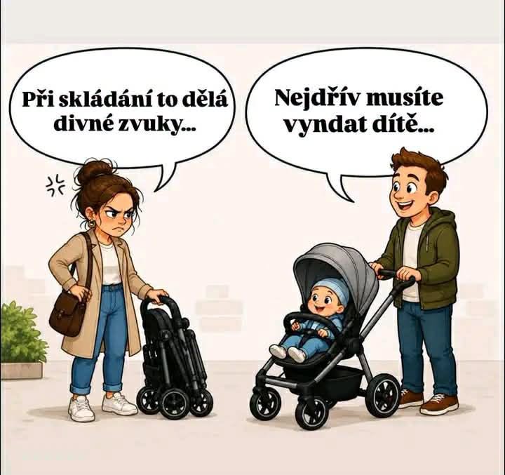 Žena a muž s kočíkmi vtipkujú, ako najskôr vybrať dieťa pred skladaním kočíka.