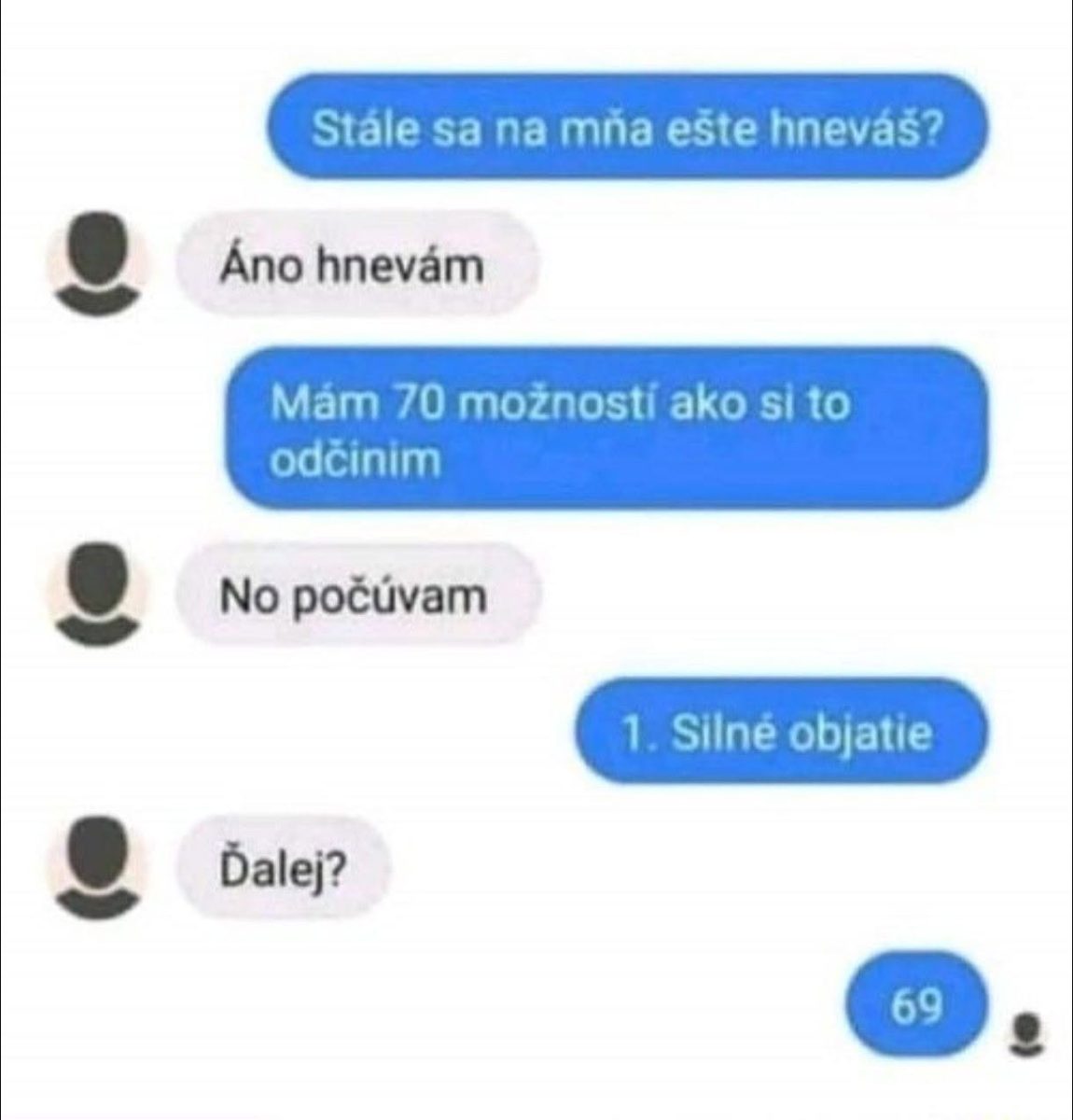 Srandovná textová konverzácia o 70 možnostiach ospravedlnenia, vrátane vtipu s číslicou 69.