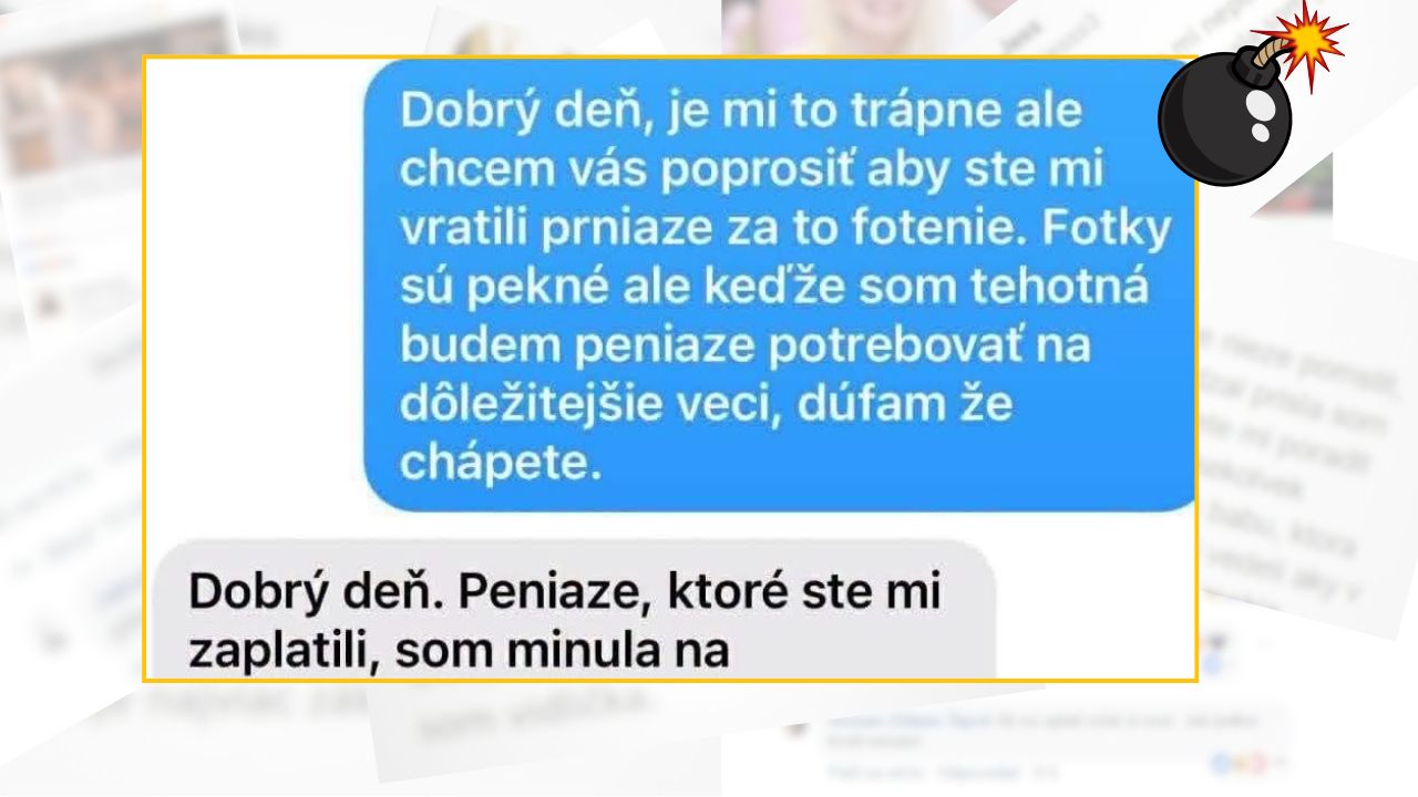Žiadosť o vrátenie peňazí za fotenie kvôli tehotenstvu, diskusia cez správy SMS.
