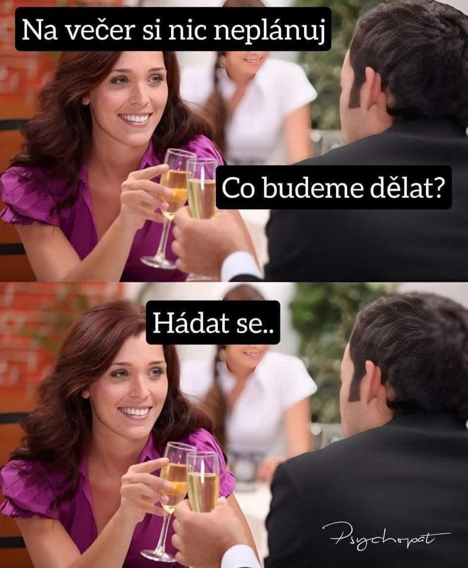 Pár si pripíja pohárom šampanského v reštaurácii, s humorným textom o večeri.