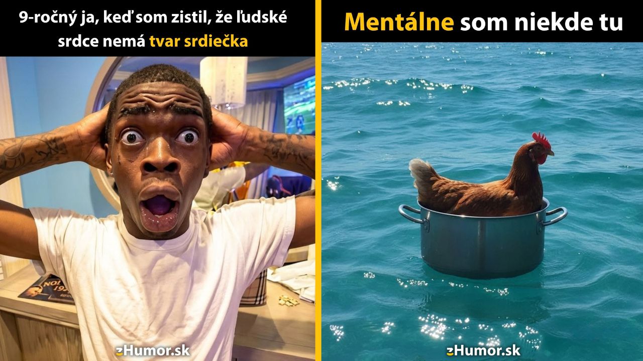 Muž v šoku a sliepka v hrnci plávajúcom na mori, ilustrujú mentálny stav a reakciu na prekvapenie.