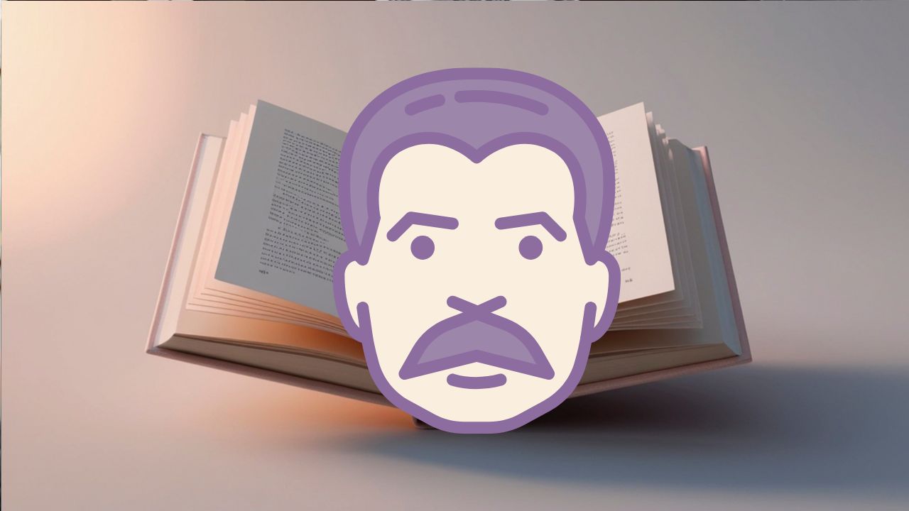 Otvorená kniha s kresleným obrázkom muža s fúzami cez stránky.