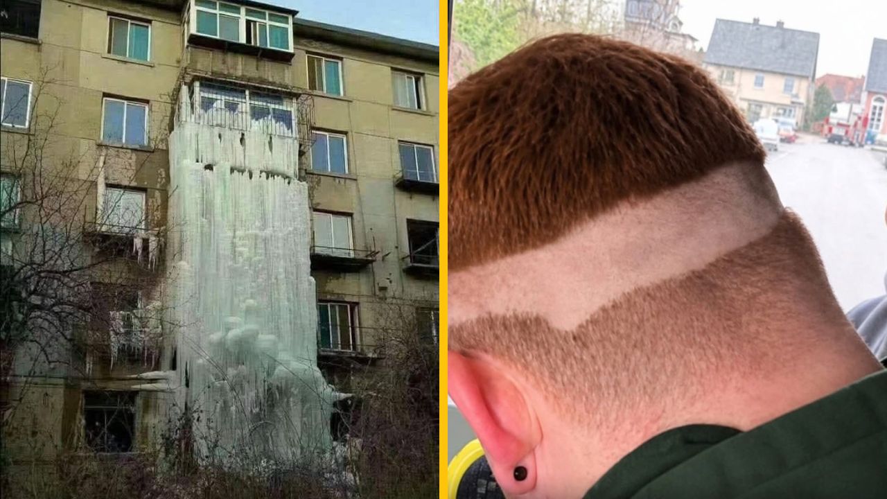Zamrznutý vodopád na paneláku vedľa kreatívneho účesu muža z pohľadu zozadu.