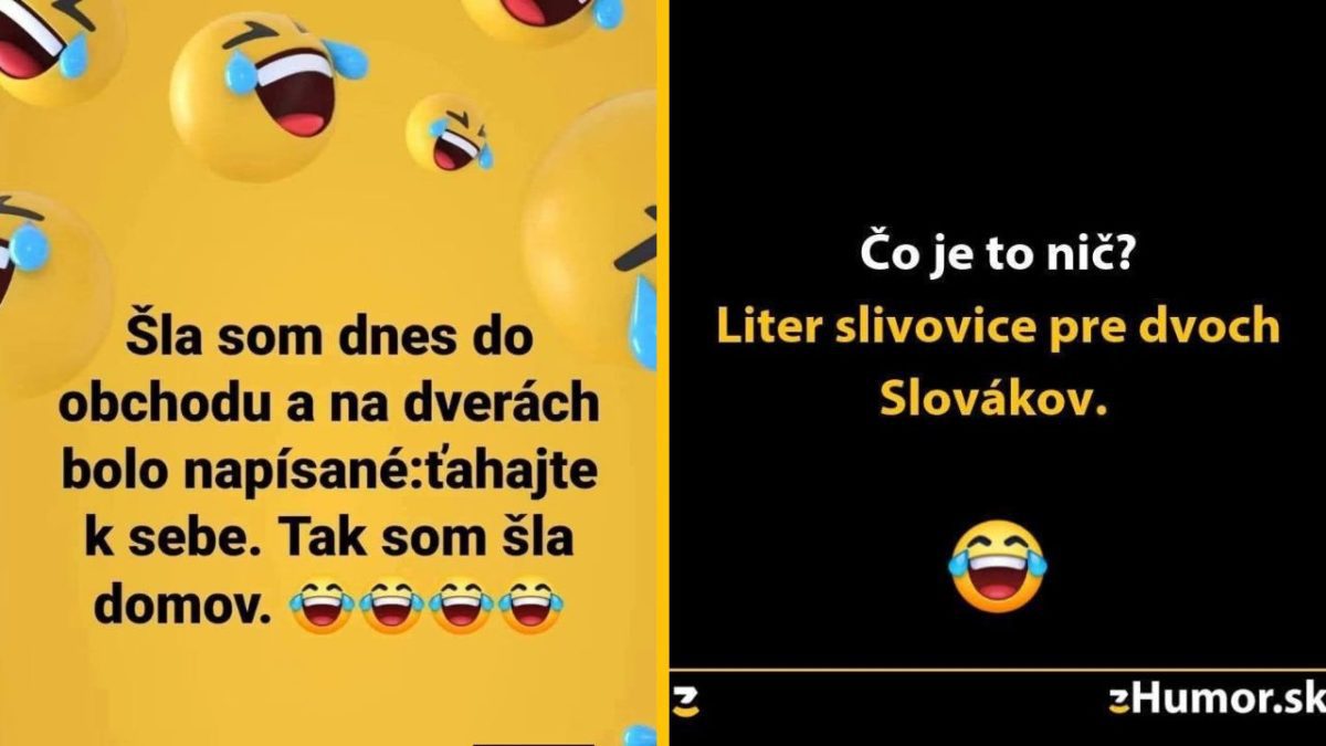 Vtipné texty s emotikonmi o návšteve obchodu a slovenských zvykoch.