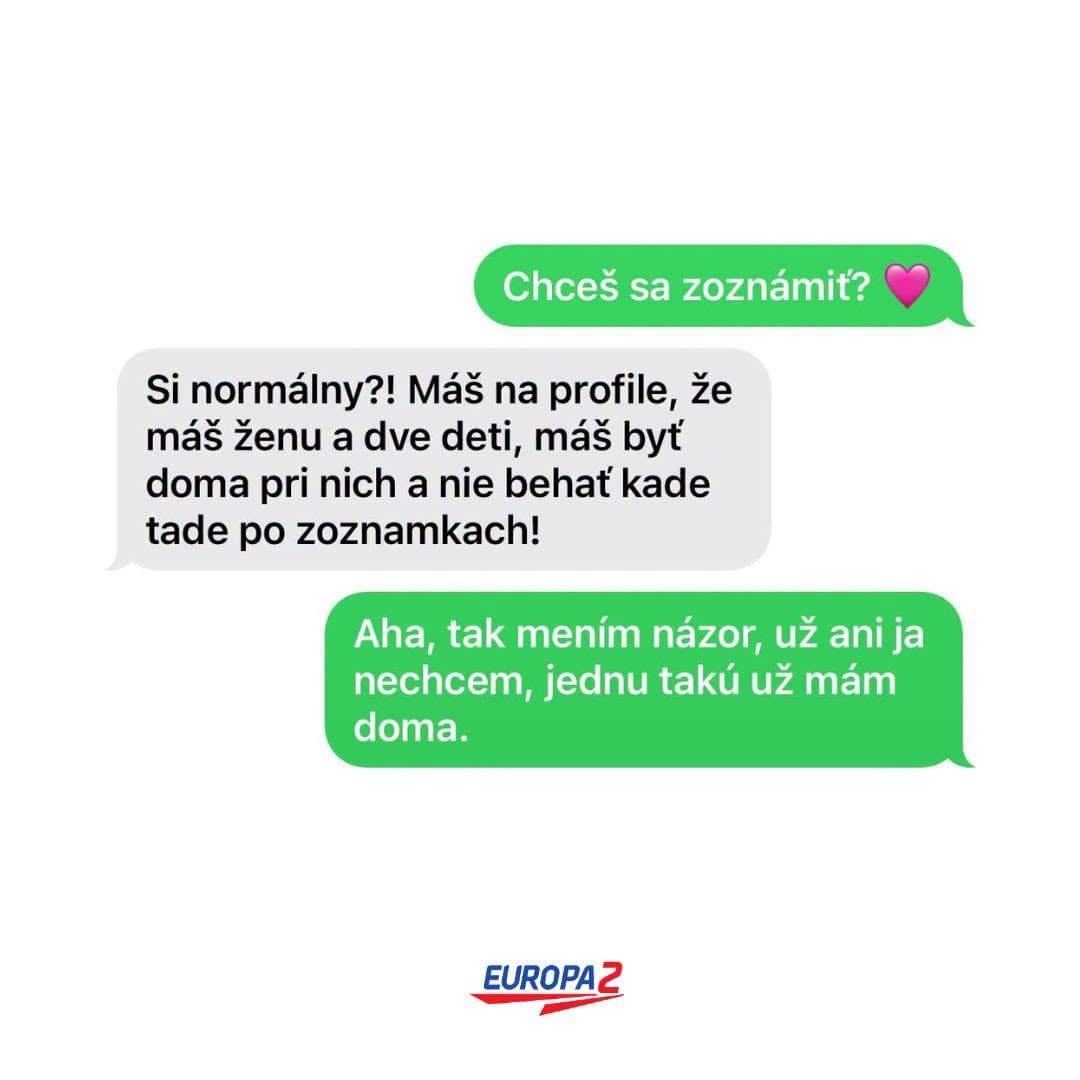 Vtipná konverzácia o online zoznamke, kde sa rieši nevera a rodinné vzťahy. Textová správa obsahuje humorný zvrat.