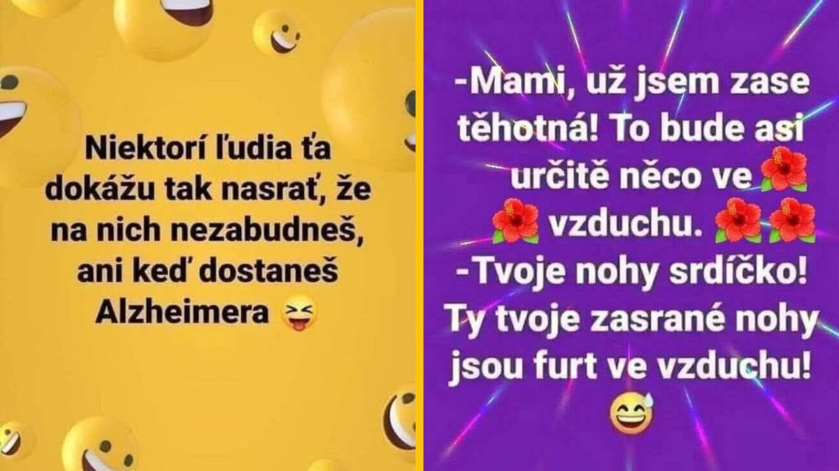 Vtipné výroky o nezabudnuteľných ľuďoch na žltom pozadí a nečakané tehotenstvo na fialovom pozadí.