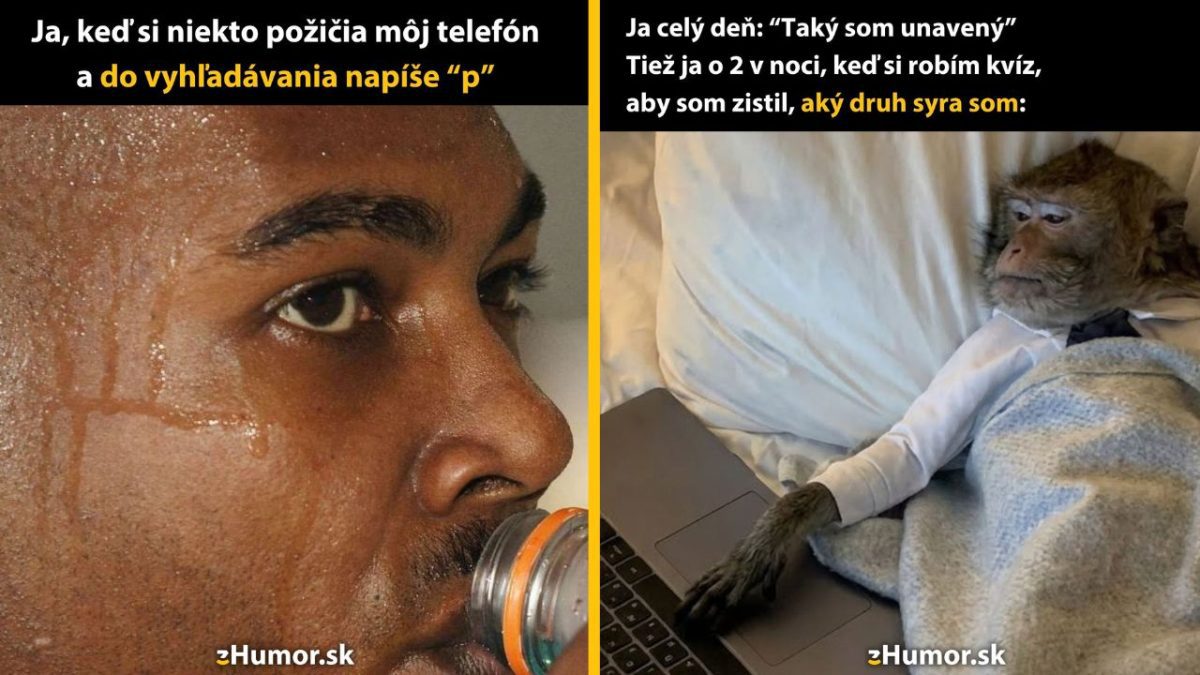 Muž v strese a opica na posteli s laptopom, ilustrujú komické situácie s telefónom a nočným kvízom.