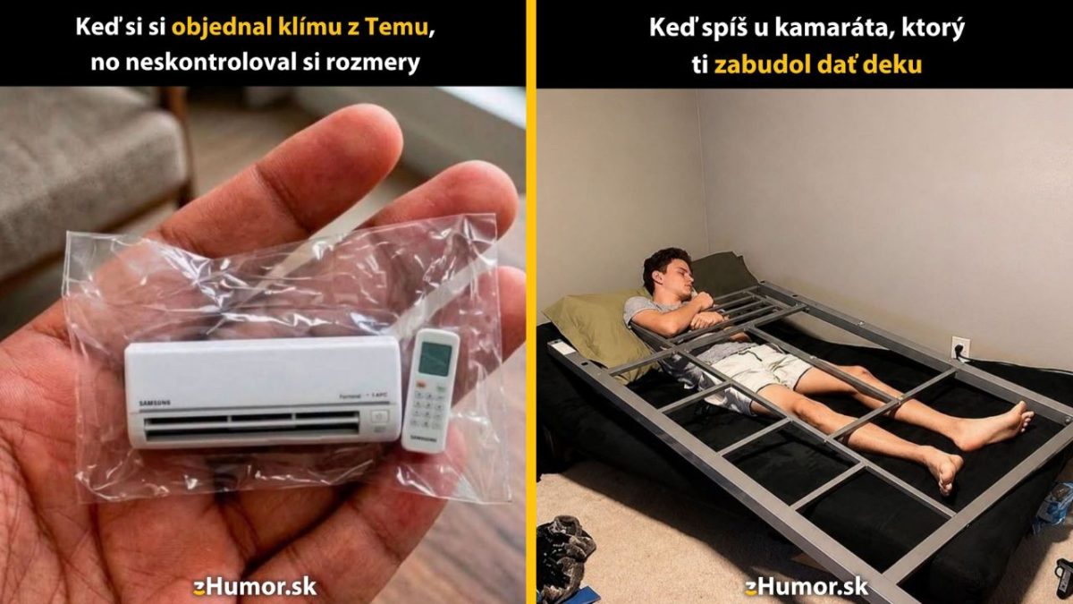 Muž drží miniatúrnu klimatizáciu, vedľa muž spí na posteli bez matraca, metaforický humor o online nákupoch.