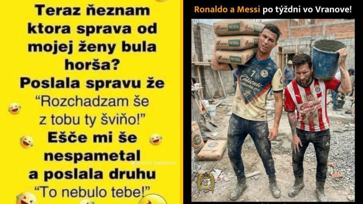 Vtipný meme: Textová správa od manželky a vtip s futbalistami na stavbe vo Vranove.