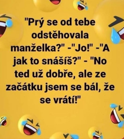 Vtip o manželke a obavách z jej návratu na pozadí so smejúcimi sa smajlíkmi.