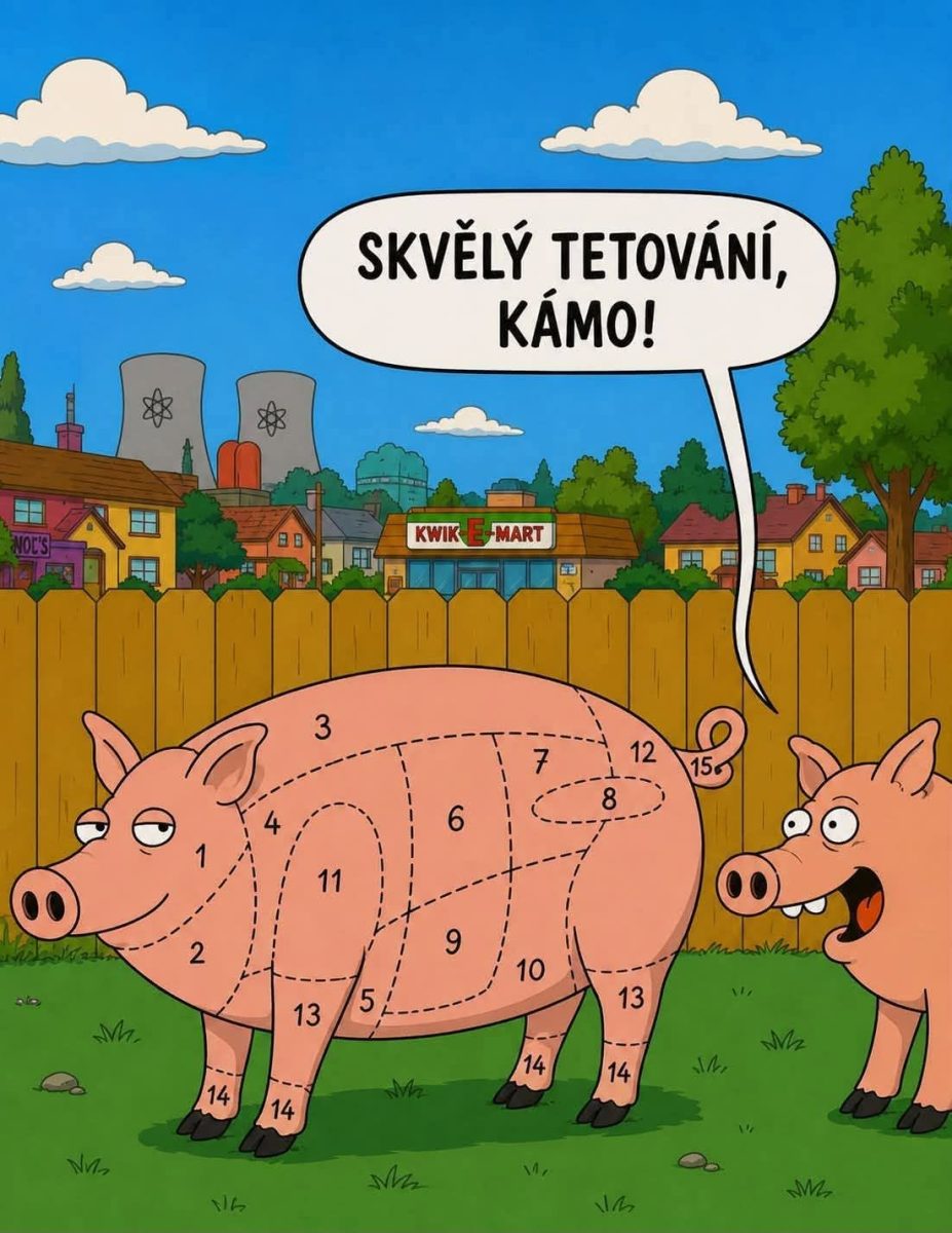 Kreslené prasa so schémou častí tela a bublinou s textom Skvělý tetování, kámo! na trávniku pred plotom.