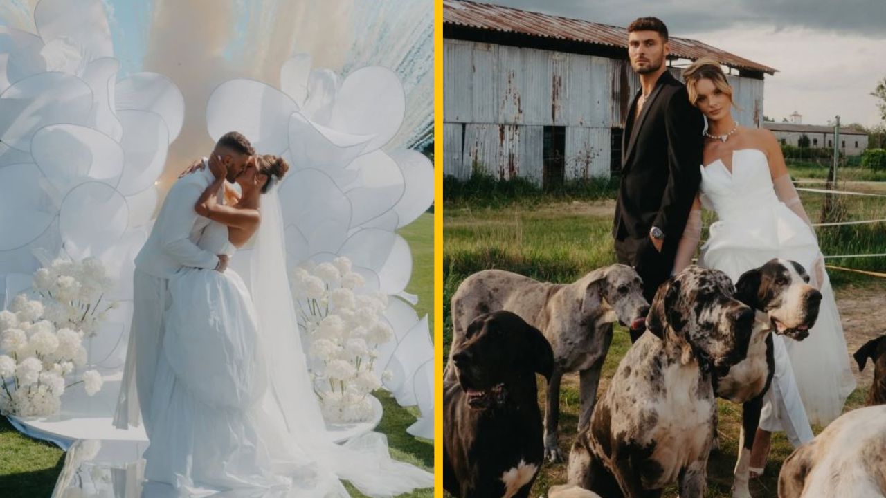 Novomanželia v exteriéri, v svadobných šatách s elegantnou výzdobou a psami okolo seba.
