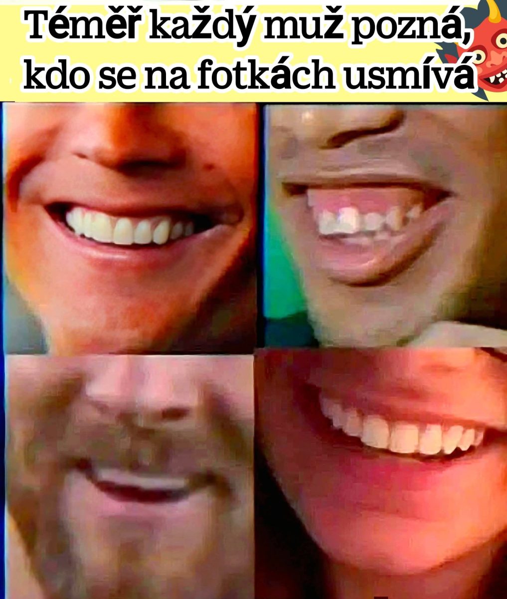 Koláž štyroch úsmevov na farebnom pozadí s textom: Téměř každý muž pozná, kdo se na fotkách usmívá.