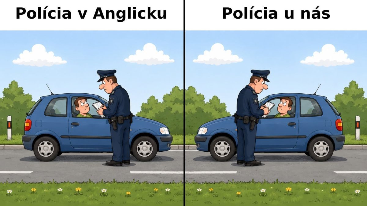 Policajt kontroluje vodiča auta na ceste v dvoch rôznych kultúrach: Anglicko vs. naše prostredie.