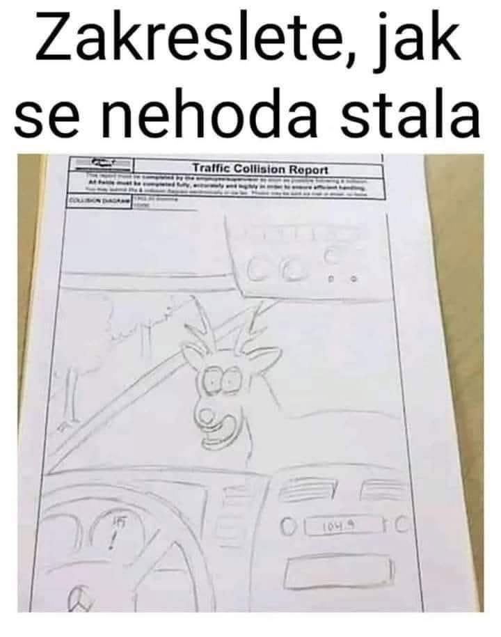 Vtipný obrázok s formulárom nehody obsahuje kresbu vtieravého jeleňa za volantom auta.