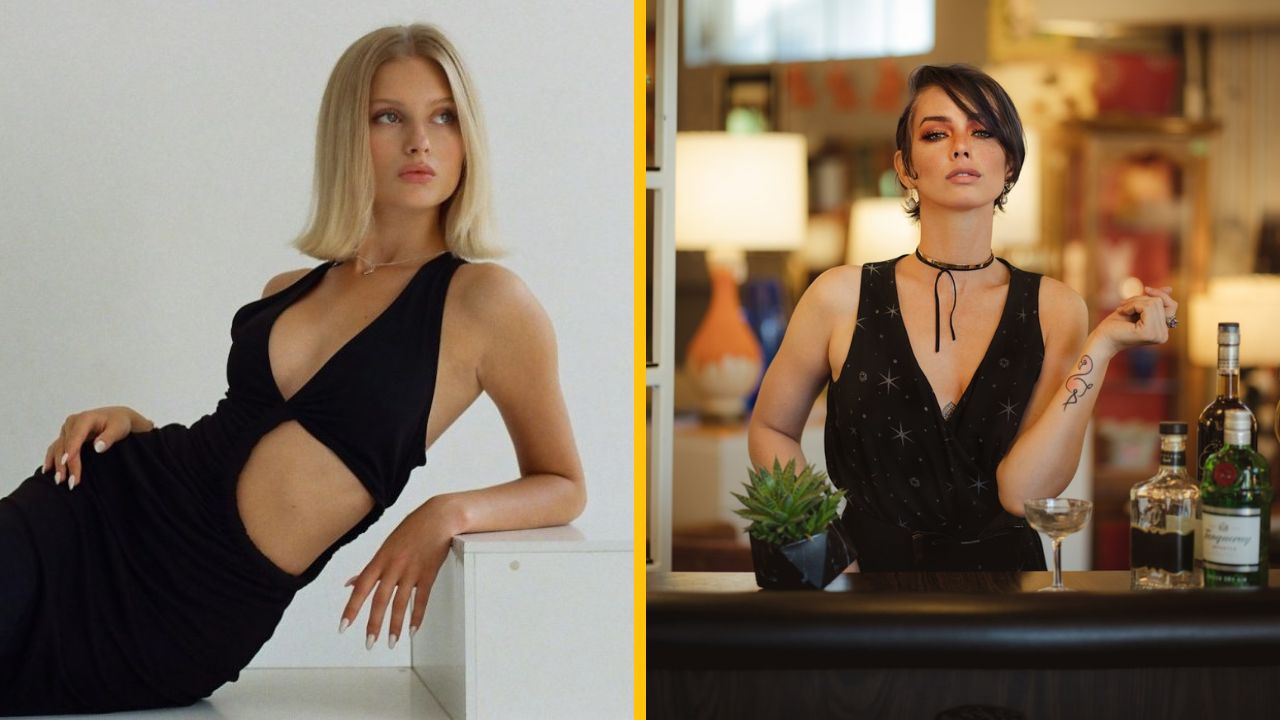 Dve ženy v elegantných čiernych šatách, jedna pózuje pri stene a druhá za barom s nápojmi.
