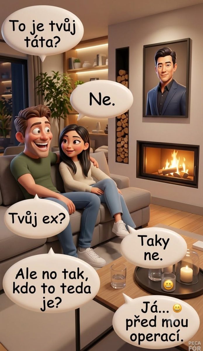Pár na pohovke sa rozpráva o obrázku muža na stene; odhaľujú humorný záver o predošlej operácii.