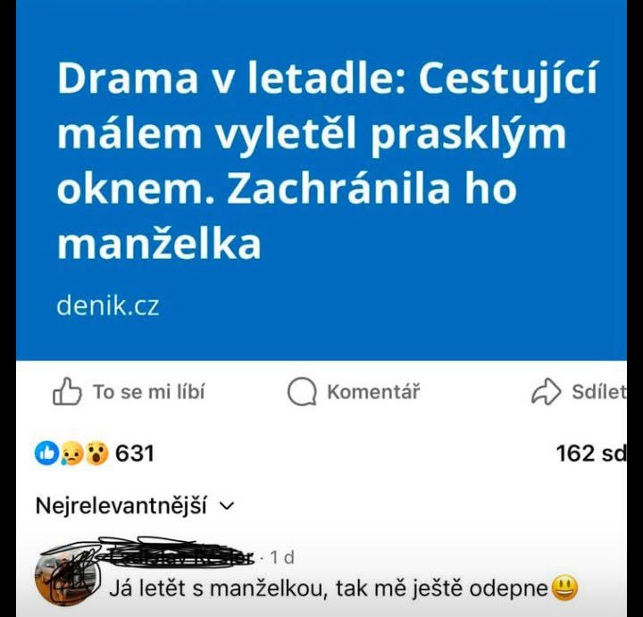 Cestujúci v lietadle zachránený manželkou po pokuse vypadnúť cez rozbité okno. Komentár pod príspevkom.
