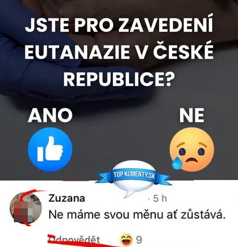Prieskum názoru na legalizáciu eutanázie v Česku s vtipným komentárom používateľa.