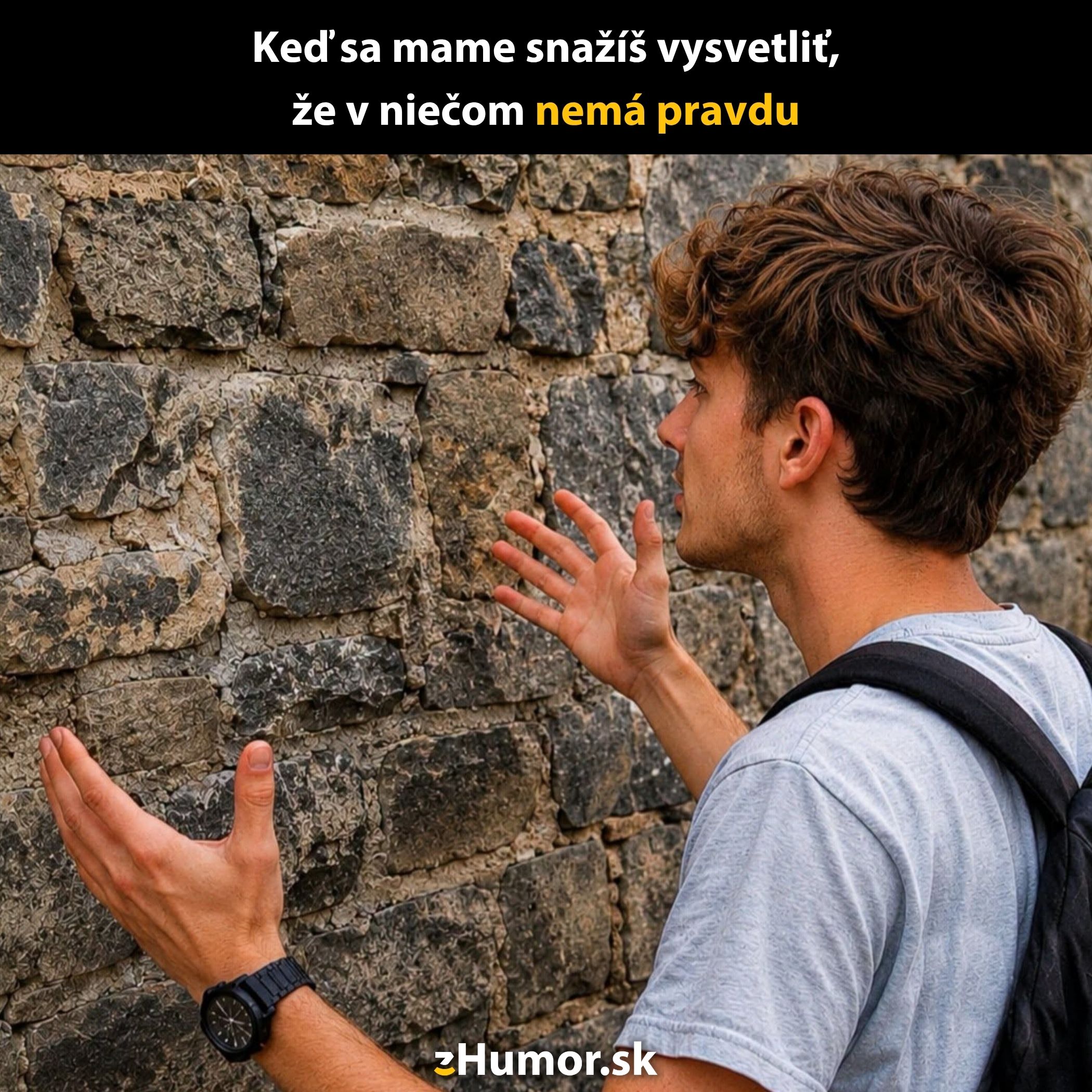 Mladý muž gestikuluje a rozpráva ku kamennej stene, znázorňujúc márnosť snahy vysvetliť pravdu neochotnému poslucháčovi.