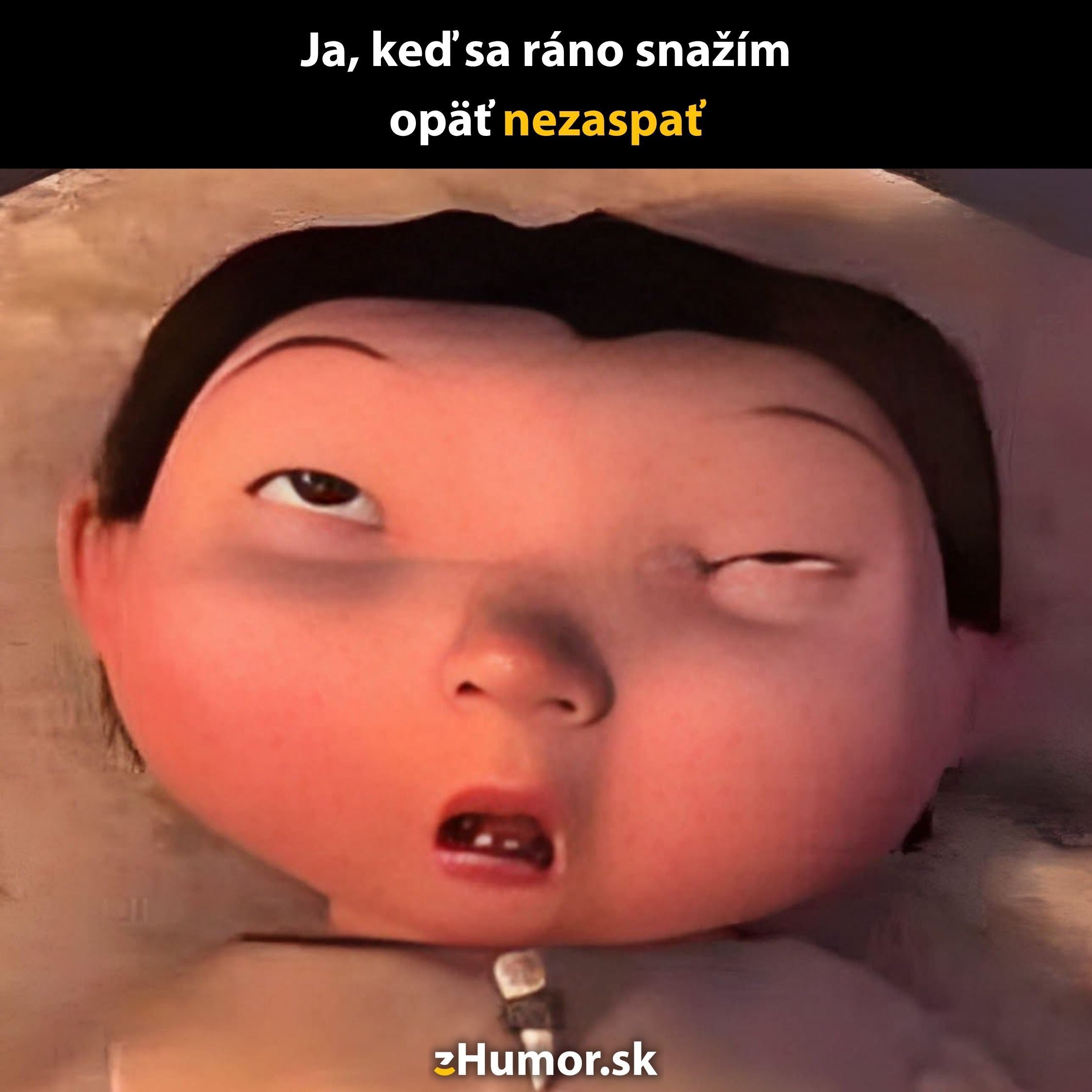 Animovaná postavička s unaveným výrazom, popis Ja, keď sa ráno snažím opäť nezaspať.