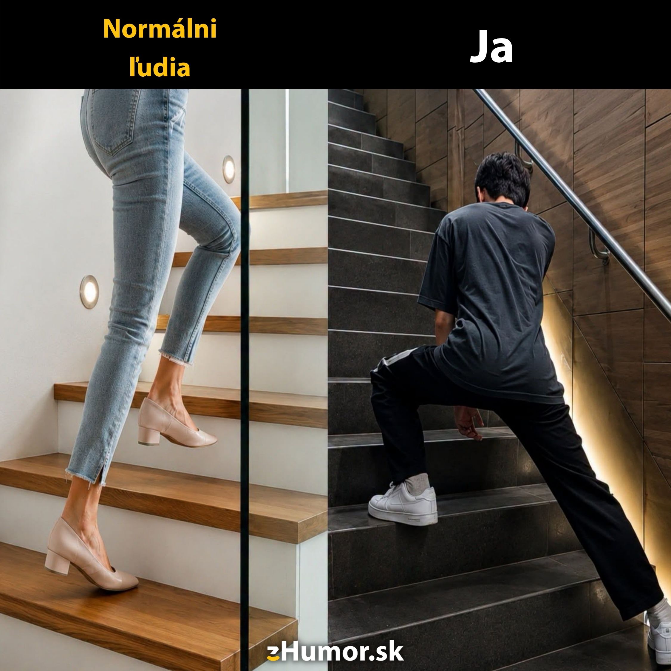 „Dva rôzne prístupy k chôdzi po schodoch: bežný a jedinečný štýl z webu zHumor.sk.“
