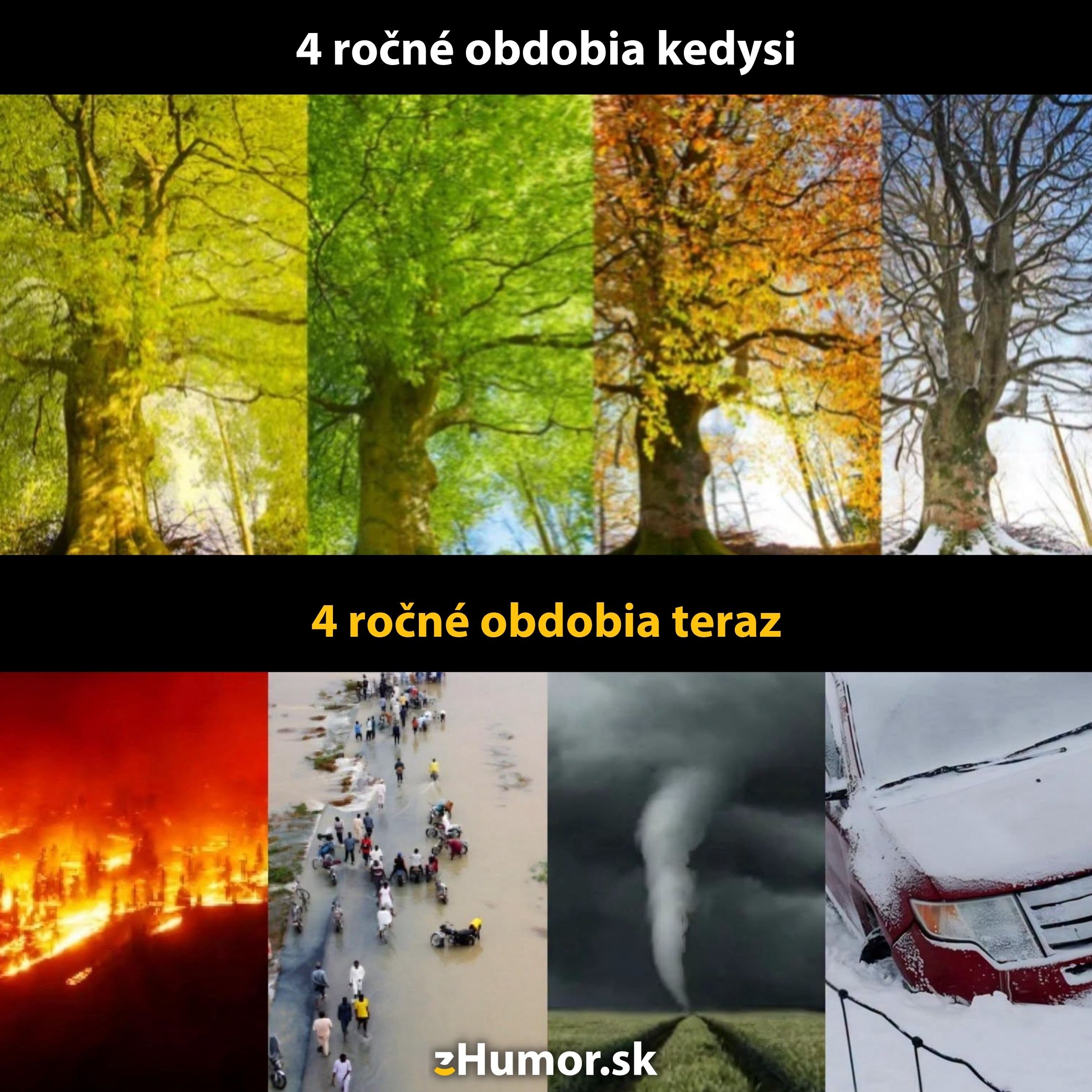 Kontrast 4 ročných období: Zelená príroda kedysi vs. extrémne klimatické javy dnes, ako požiare a záplavy.