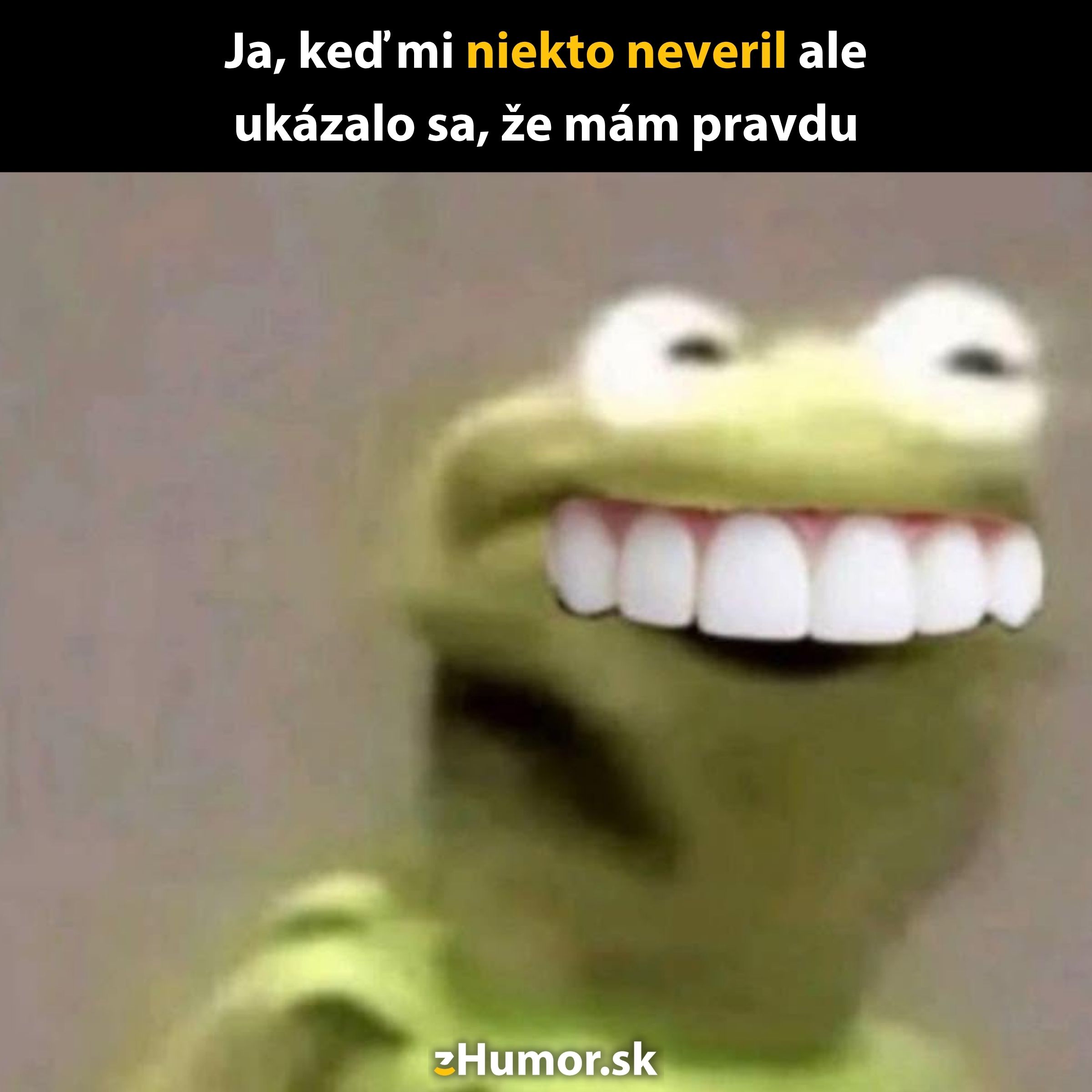 Žaba s úsmevom, text: Ja, keď mi niekto neveril, ale ukázalo sa, že mám pravdu.